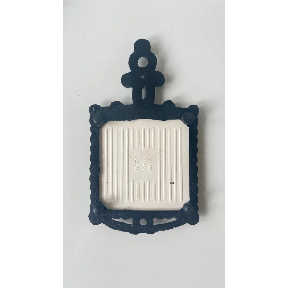Vintage Cast Iron Trivet: Ceramic Fruit Tile, Hanging Cottage Kitchen Decor